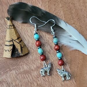 Southwestern Red Apple Coral Turquoise Hematite Silver Wolf Charm Earrings Boho